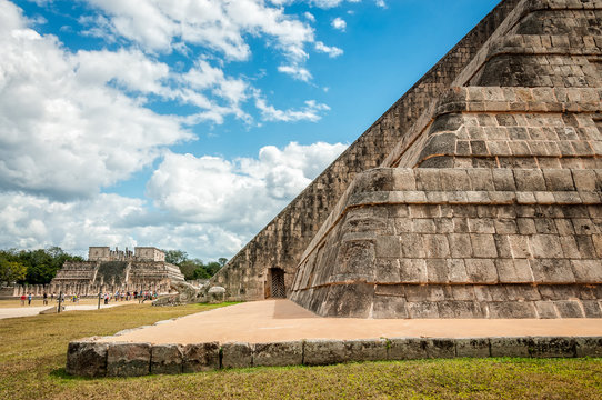 Perspective from the corner of the main temple at Chicken Itza looking towards the Temple of the Warriors in Chichen Itza