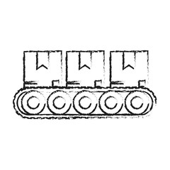 blurred silhouette cartoon packages in conveyor belt with gears vector illustration