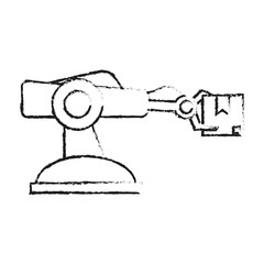 blurred silhouette cartoon industrial mechanical robot arm with package vector illustration