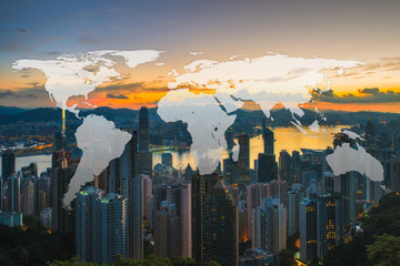 World Global Network Cartography Globalization with Hong Kong city background