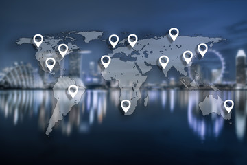 Map pin flat on World Global Cartography Globalization with  blue tone of cityscape business district background.