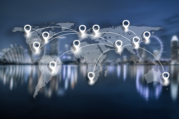 Map pin flat and Network conection on World Global Cartography Globalization with  blue tone of cityscape business district background.