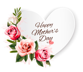 Happy Mother's Day background with a heart-shaped card and colorful roses. Vector.