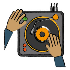 hands and dj turntable icon over white background. vector illustration