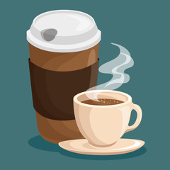 Cup of hot coffee over teal background. Vector illustration.