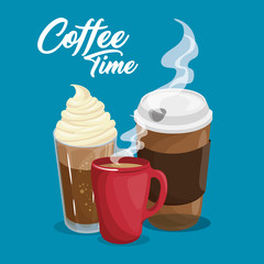 A set of coffee drinks over blue background. Vector illustration.