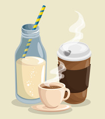 A bottle of milk with straw and cups of hot coffee over beige background. Vector illuistration.