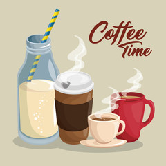 A bottle of milk with straw and cups of hot coffee over beige background. Vector illuistration.