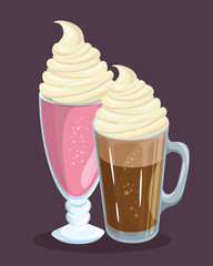 Glasses of coffee and pink smoothie with whipped cream over purple background. Vector illustration.