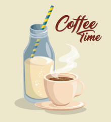 A bottle of milk with straw, cup of hot coffee and coffee time sign over beige background. Vector illuistration.
