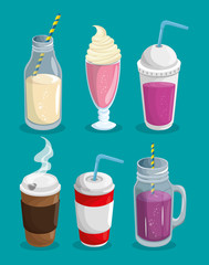 A set of hot and cold beverages over blue background. Vector illustration.