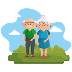 Old people at the park with green bushes and blue sky over white background. Vector illustration.