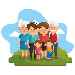 Obraz na płótnie Canvas Happy family at park with green bushes and blue sky over white background. Vector illustration.