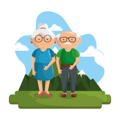 Fototapeta premium Old people at the park with mountains and blue sky behind over white background. Vector illustration.