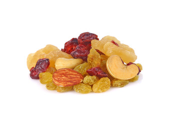 Mix nuts and dry fruits on a white background