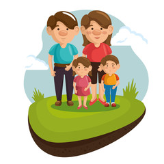 Happy family at park with green grass and blue sky over white background. Vector illustration.
