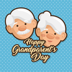 Happy grandparent day card with heart, elderly woman and man over dotted blue background. Vector illustration.