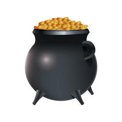 saint patricks day card with treasure of leprechaun, pot full of golden coins, vector illustration.