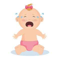 Crying baby girl with pink bow and diaper over white background. Vector illustration.