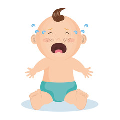 Crying baby boy with blue diaper over white background. Vector illustration.