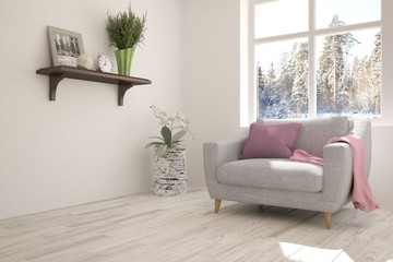 White room with armchair and winter landscape in window. Scandinavian interior design. 3D illustration