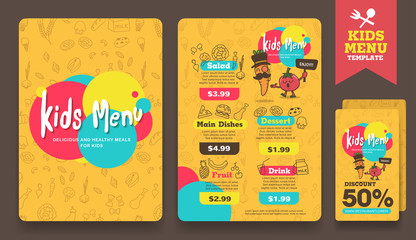 Cute colorful kids meal menu vector template  - obrazy, fototapety, plakaty
