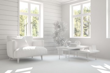 White room with armchair and green landscape in window. Scandinavian interior design. 3D illustration