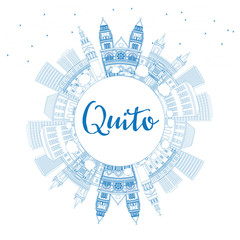 Outline Quito Skyline with Blue Buildings and Copy Space.