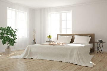 Fototapeta na wymiar White modern bedroom. Scandinavian interior design. 3D illustration