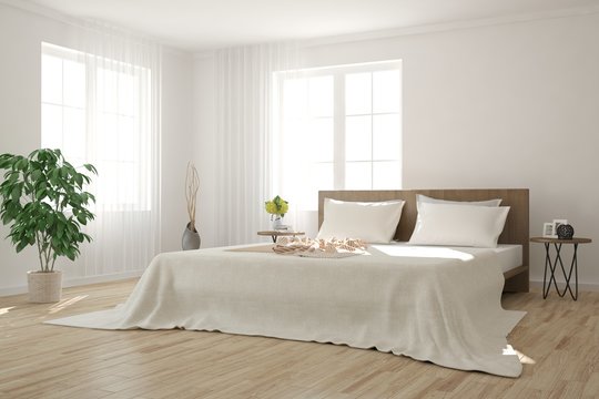 White modern bedroom. Scandinavian interior design. 3D illustration