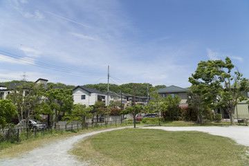 Fototapeta na wymiar 大規模分譲住宅街の提供公園イメージ　快晴　青空　緑