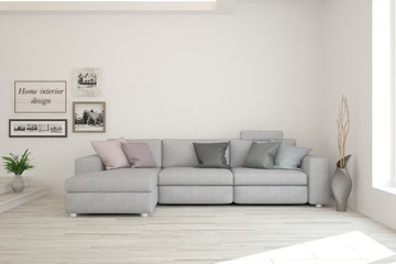 White modern room with sofa. Scandinavian interior design. 3D illustration