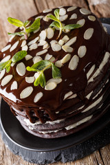 Delicious chocolate cream cake with whipped cream and almond macro. vertical
