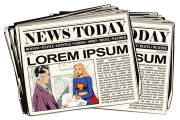 A businessman gives an assignment to a girl in a superhero costume.