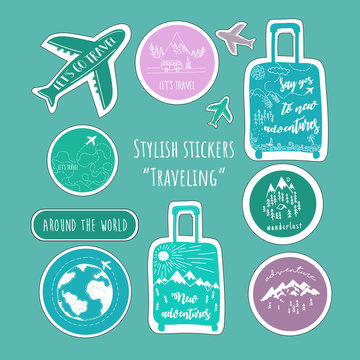 Travelling. Stylish stickers isolated on turquoise background. Hand drawn vector illustration.