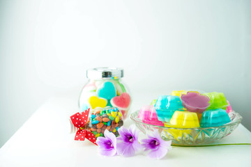 Dessert coconut jelly colorful, Thai dessert colorful on white table