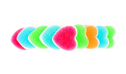 Heart candies coated with sugar, heart colorful sweet candies, sugar heart shaped candy