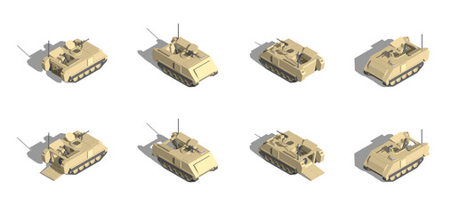 Military Transportation isometric vector. armored personnel carrier with mortar weapon.