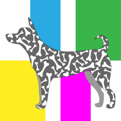 Silhouette of a dog in the style of pop art in pink, blue, yellow and green and with traces of paws and bones on the trunk