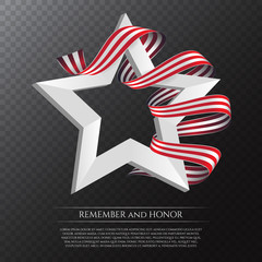 Happy Memorial Day greeting card with national flag colors ribbon and white star on transparent background. Remember and honor. Can be used for design your website or print publications and other.