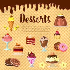Vector desserts and cakes on chocolate waffle