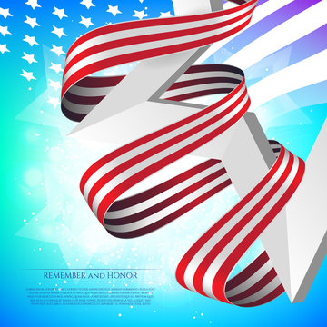 Happy Memorial Day greeting card with national flag colors ribbon and white star on colorful background. Remember and honor. Can be used for design your website or print publications and other.