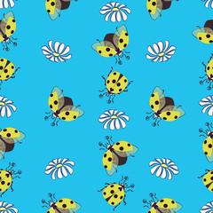Yellow ladybug and chamomile. Seamless pattern on a blue background. Design for textiles, tapestries, packaging materials, bags, purses, products for children.