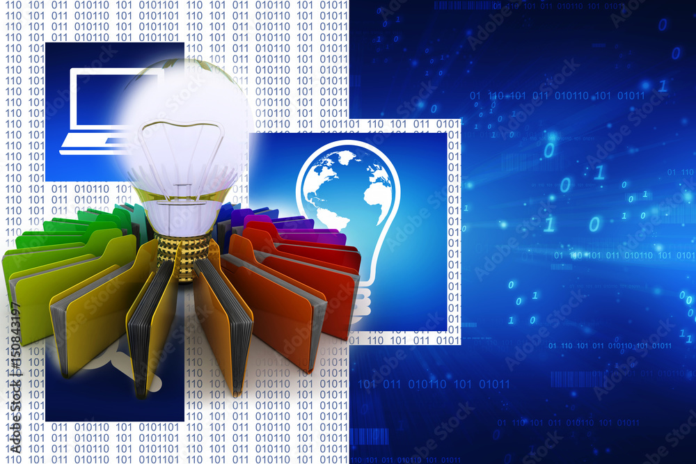 Poster 3d rendering led light bulb with folder