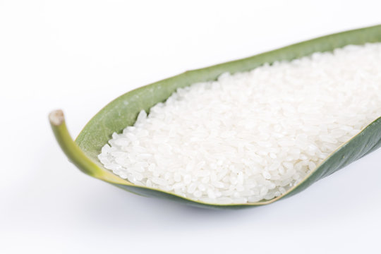 Rice grain in a green leaf on the white background