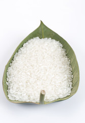 Rice grain in a green leaf on the white background