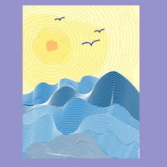 Open sea with the waves and dim the sun in the sky, vector illustration