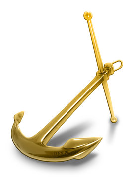 Brightly shining, golden anchor, isolated against the clear white background.