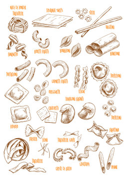 Vector sketch icons set of Italian pasta variety