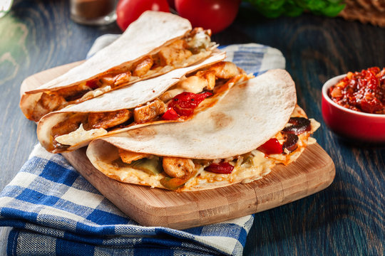 Mexican Quesadilla with chicken, sausage chorizo and red pepper